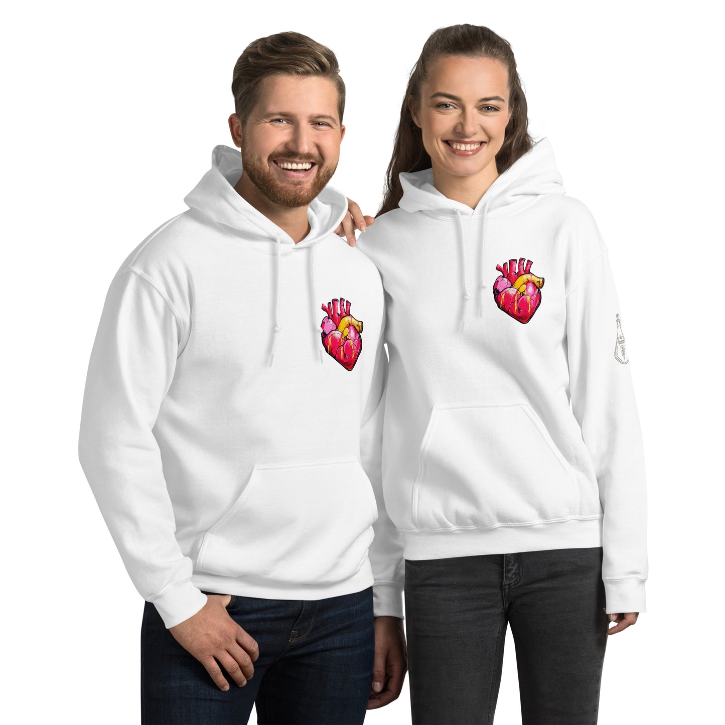 Unisex-Hoodie mit farbigem anatomischem Herzmotiv und MeDenSci-Logo auf dem Ärmel