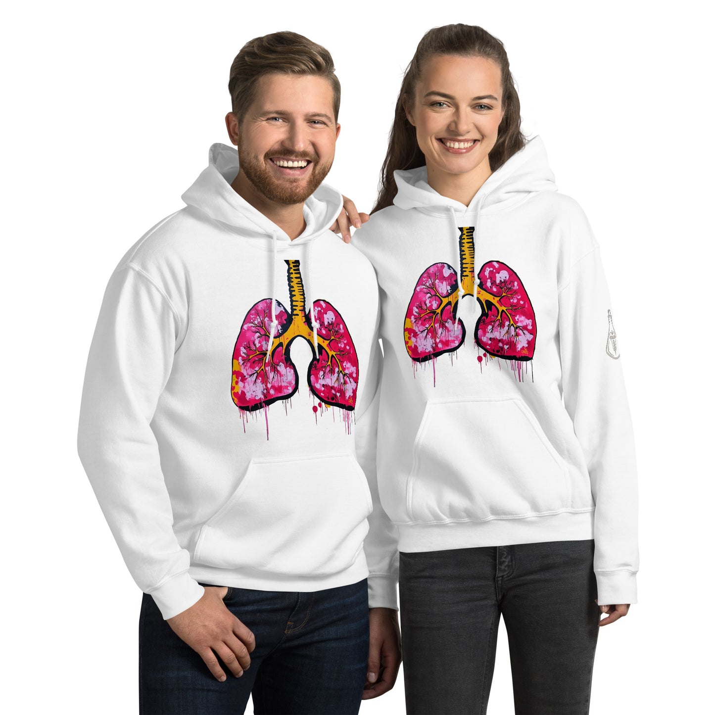 Unisex-Hoodie mit farbigem anatomischem Lungenmotiv und MeDenSci-Logo auf dem linken Ärmel