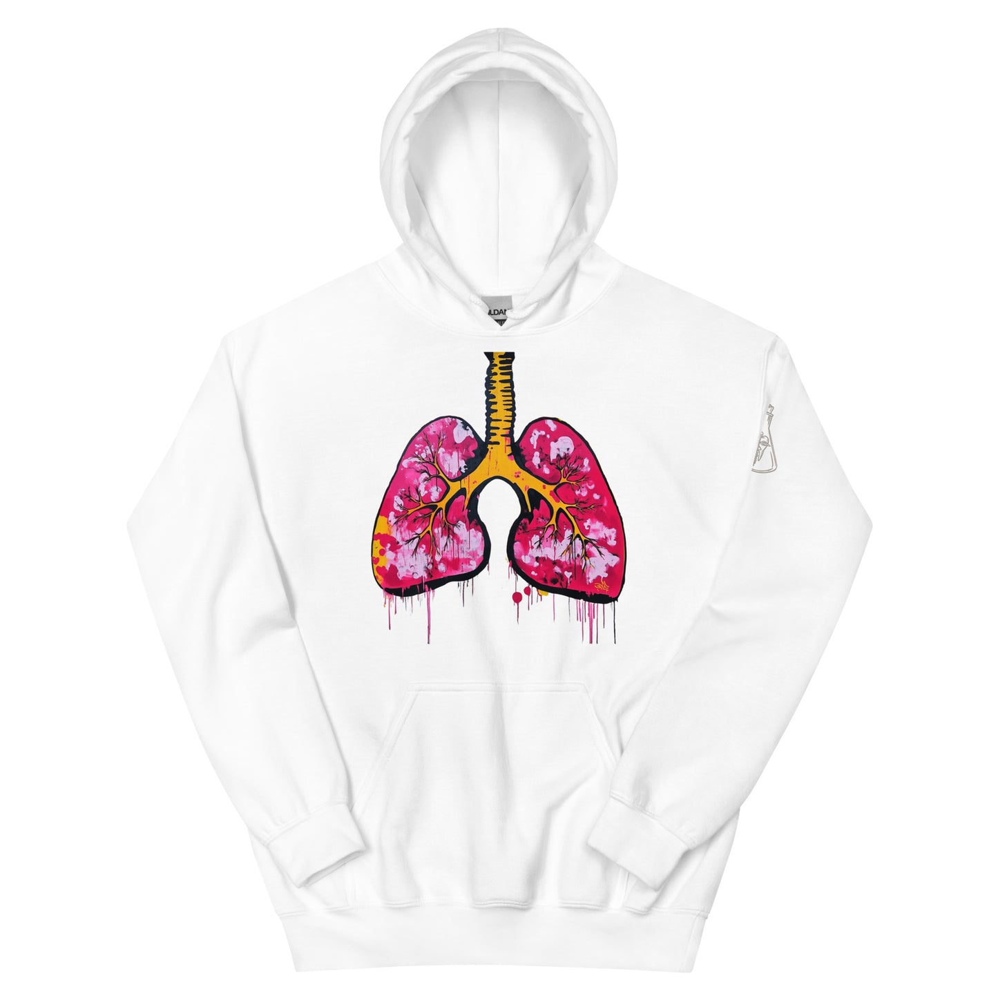 Unisex-Hoodie mit farbigem anatomischem Lungenmotiv und MeDenSci-Logo auf dem linken Ärmel