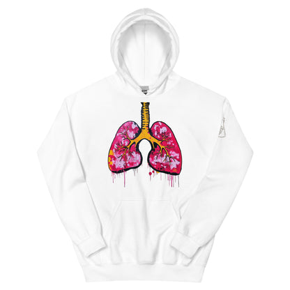 Unisex-Hoodie mit farbigem anatomischem Lungenmotiv und MeDenSci-Logo auf dem linken Ärmel