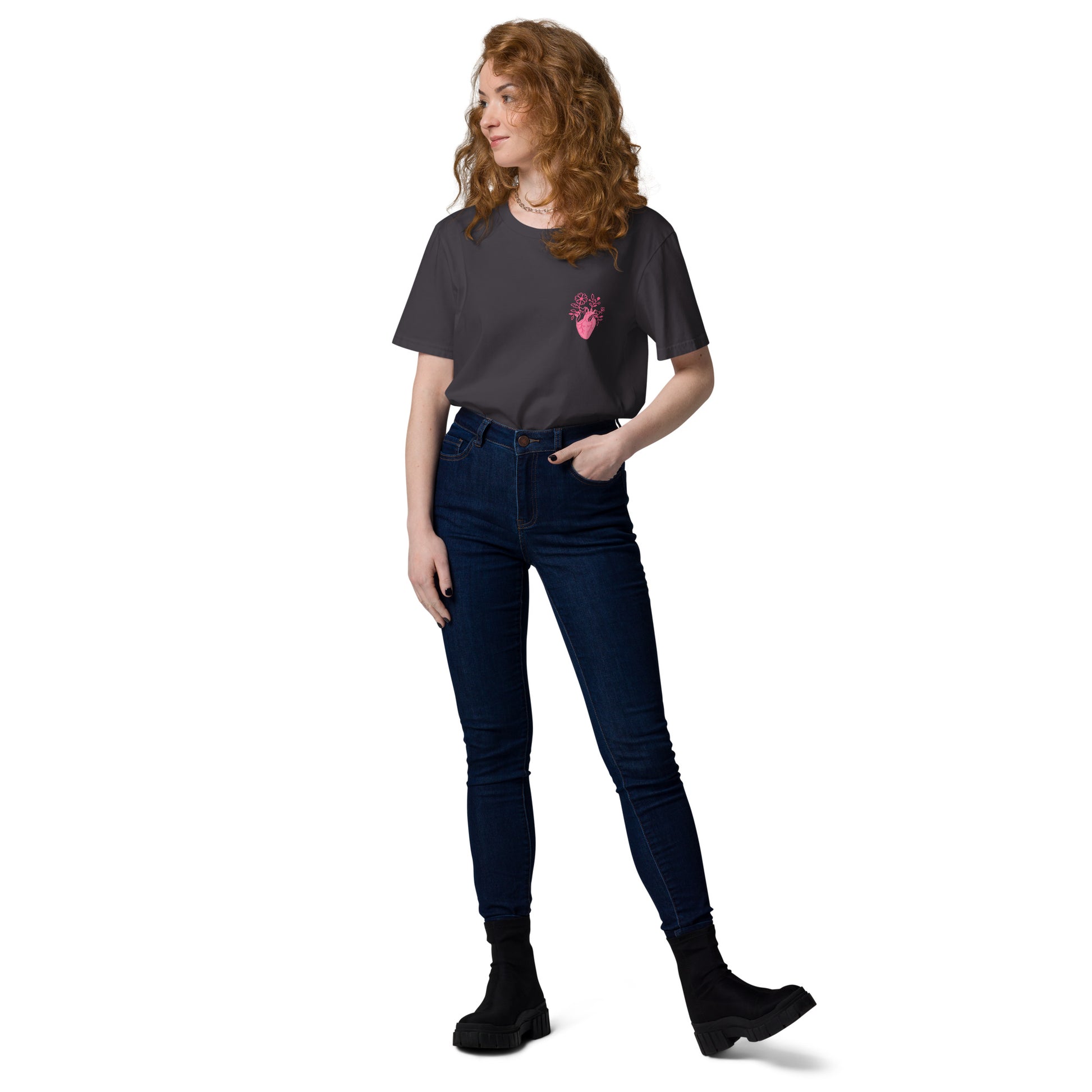 Anthracit Bio-Unisex-T-Shirt „Cordis“ mit floralem anatomischem Herzmotiv auf der Brust – minimalistisches Medizin- und Anatomy-Design aus Bio-Baumwolle