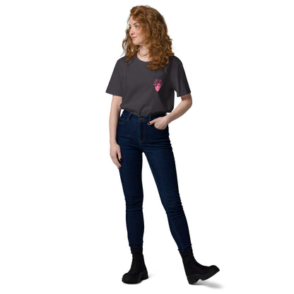 Anthracit Bio-Unisex-T-Shirt „Cordis“ mit floralem anatomischem Herzmotiv auf der Brust – minimalistisches Medizin- und Anatomy-Design aus Bio-Baumwolle