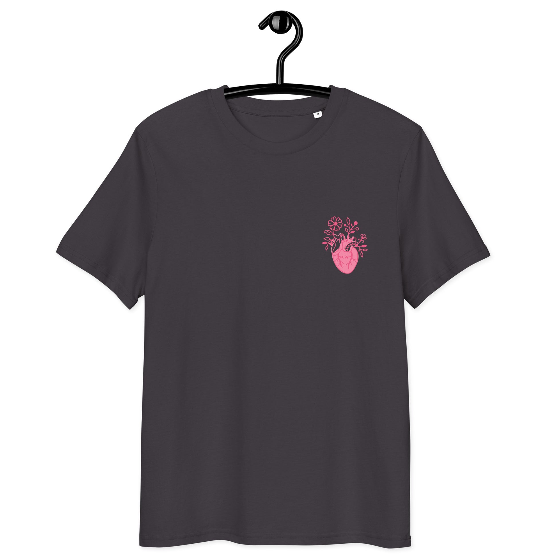Anthracit Bio-Unisex-T-Shirt „Cordis“ mit floralem anatomischem Herzmotiv auf der Brust – minimalistisches Medizin- und Anatomy-Design aus Bio-Baumwolle