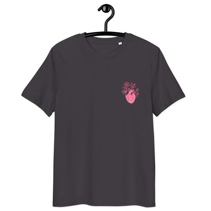 Anthracit Bio-Unisex-T-Shirt „Cordis“ mit floralem anatomischem Herzmotiv auf der Brust – minimalistisches Medizin- und Anatomy-Design aus Bio-Baumwolle