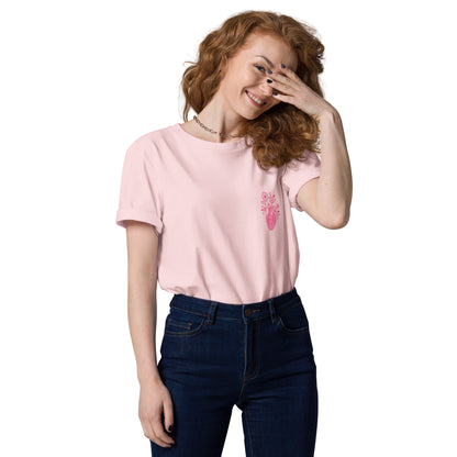 Rosa Bio-Unisex-T-Shirt „Cordis“ mit floralem anatomischem Herzmotiv auf der Brust – minimalistisches Medizin- und Anatomy-Design aus Bio-Baumwolle