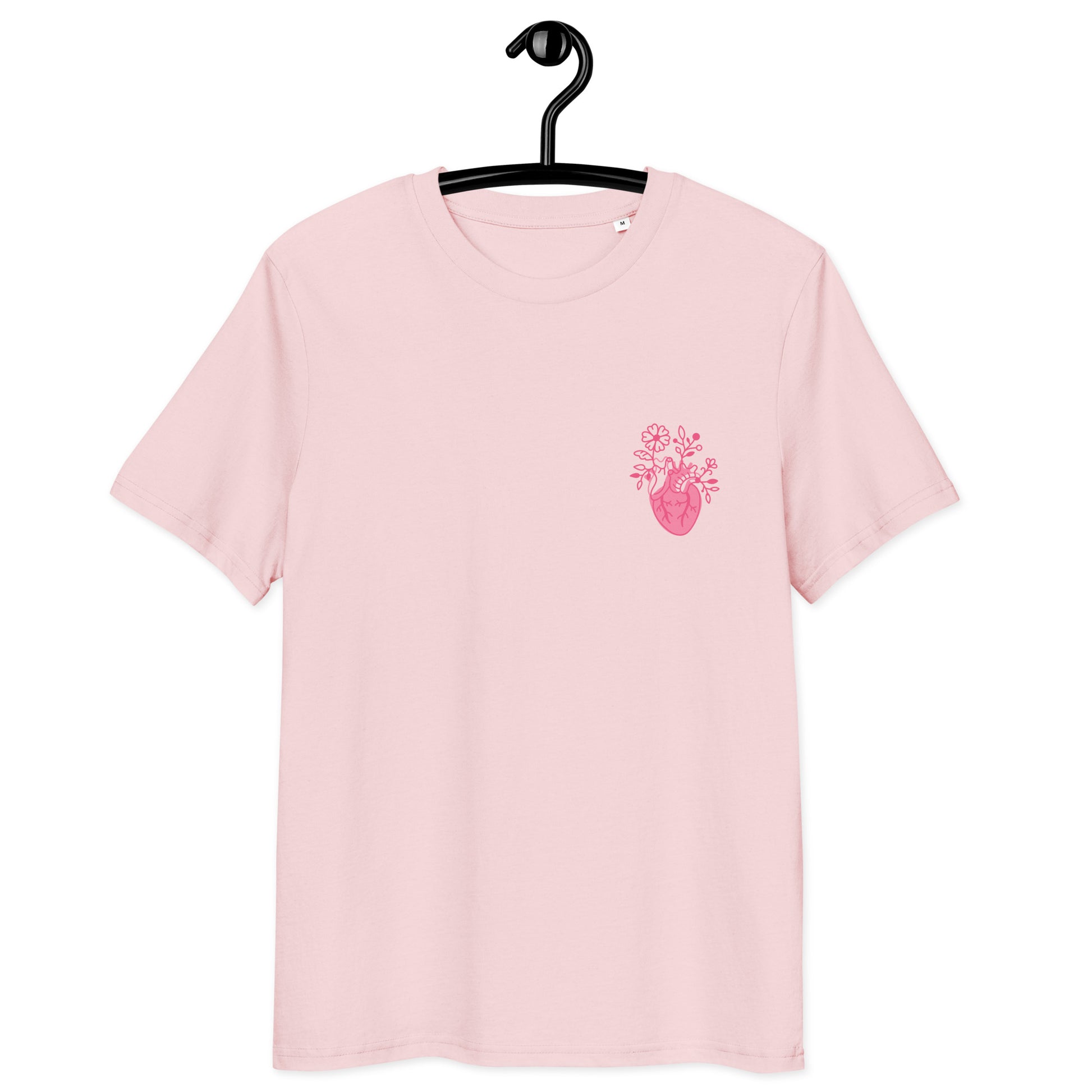 Rosa Bio-Unisex-T-Shirt „Cordis“ mit floralem anatomischem Herzmotiv auf der Brust – minimalistisches Medizin- und Anatomy-Design aus Bio-Baumwolle