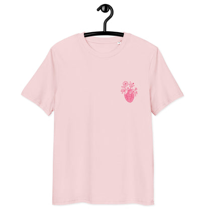 Rosa Bio-Unisex-T-Shirt „Cordis“ mit floralem anatomischem Herzmotiv auf der Brust – minimalistisches Medizin- und Anatomy-Design aus Bio-Baumwolle