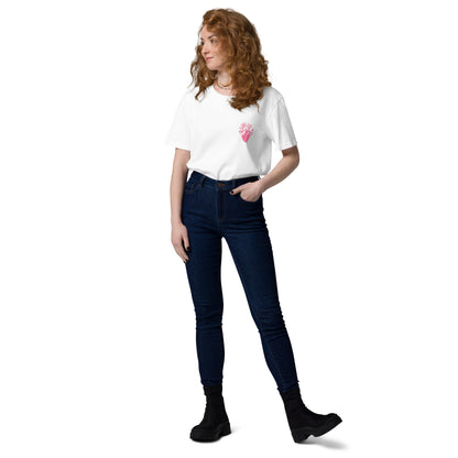 Weißes Bio-Unisex-T-Shirt „Cordis“ mit floralem anatomischem Herzmotiv auf der Brust – minimalistisches Medizin- und Anatomy-Design aus Bio-Baumwolle