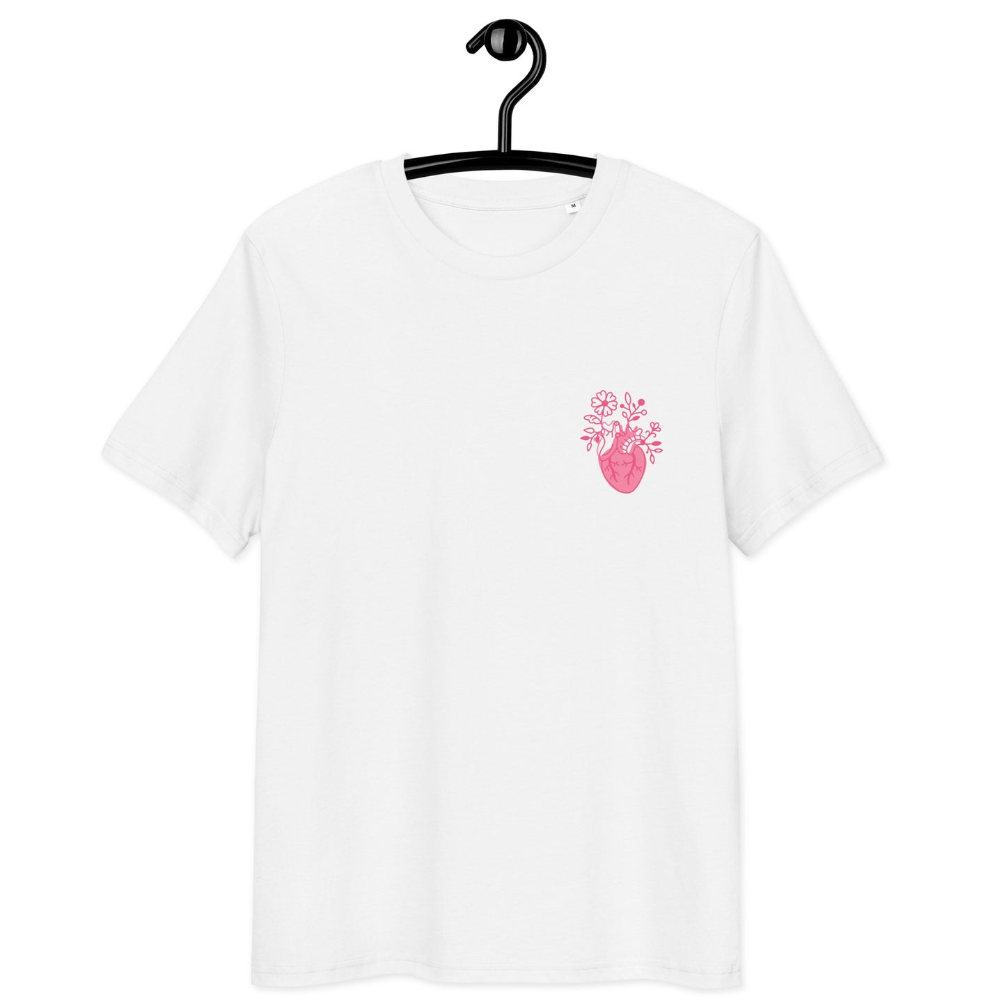 Weißes Bio-Unisex-T-Shirt „Cordis“ mit floralem anatomischem Herzmotiv auf der Brust – minimalistisches Medizin- und Anatomy-Design aus Bio-Baumwolle