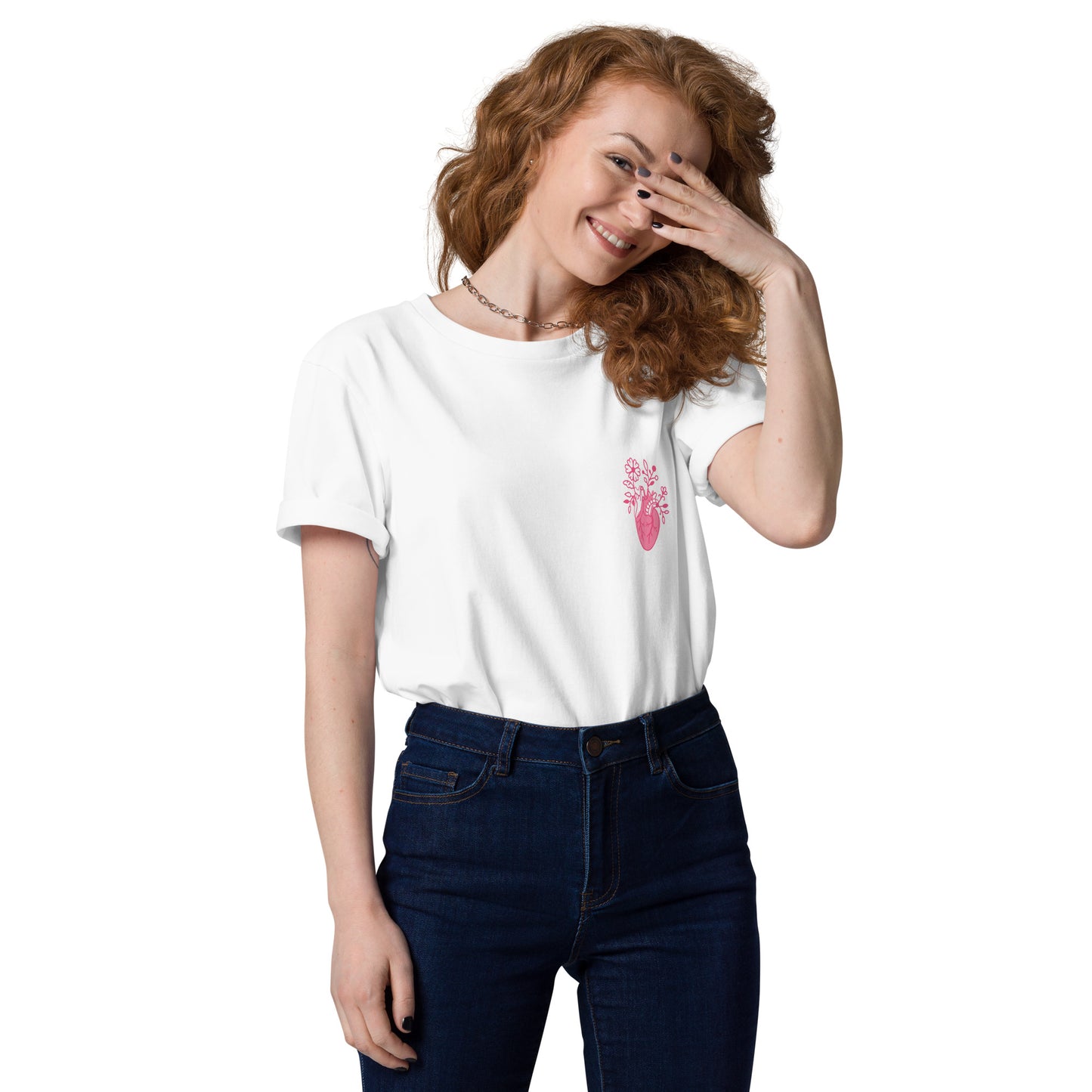 Weißes Bio-Unisex-T-Shirt „Cordis“ mit floralem anatomischem Herzmotiv auf der Brust – minimalistisches Medizin- und Anatomy-Design aus Bio-Baumwolle