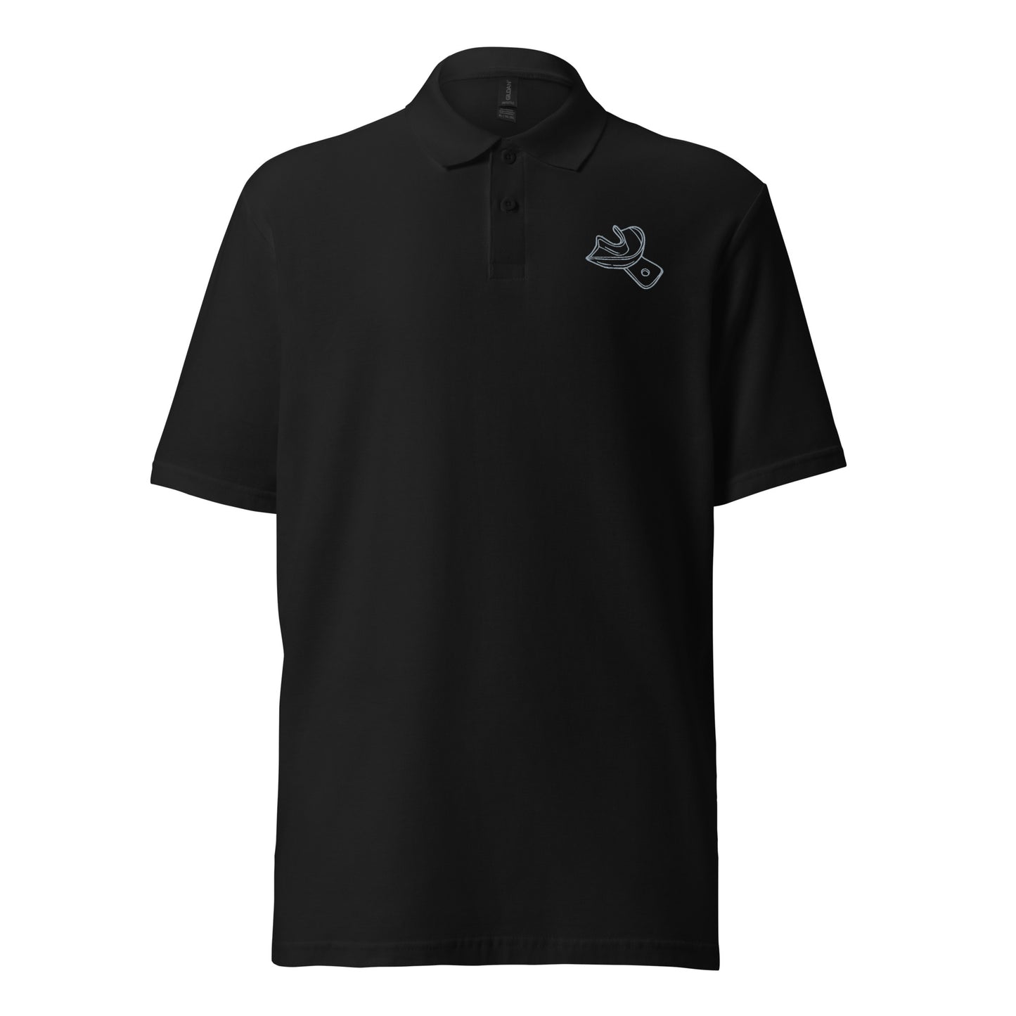 Minimalistisches Unisex-Piqué-Poloshirt mit gesticktem Unterkiefer-Abdrucklöffel-Motiv – professioneller Dental-Look in schwarz, navy und weiß