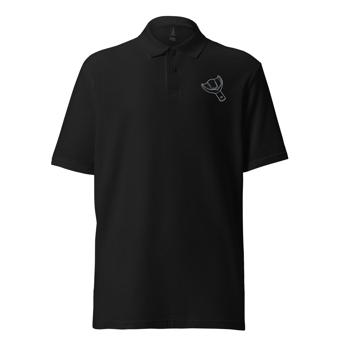 Unisex Piqué-Poloshirt mit kleinem gesticktem Oberkiefer-Abdrucklöffel-Motiv auf der Brust – minimalistisches Dental-Poloshirt in Schwarz, Navy oder Weiß