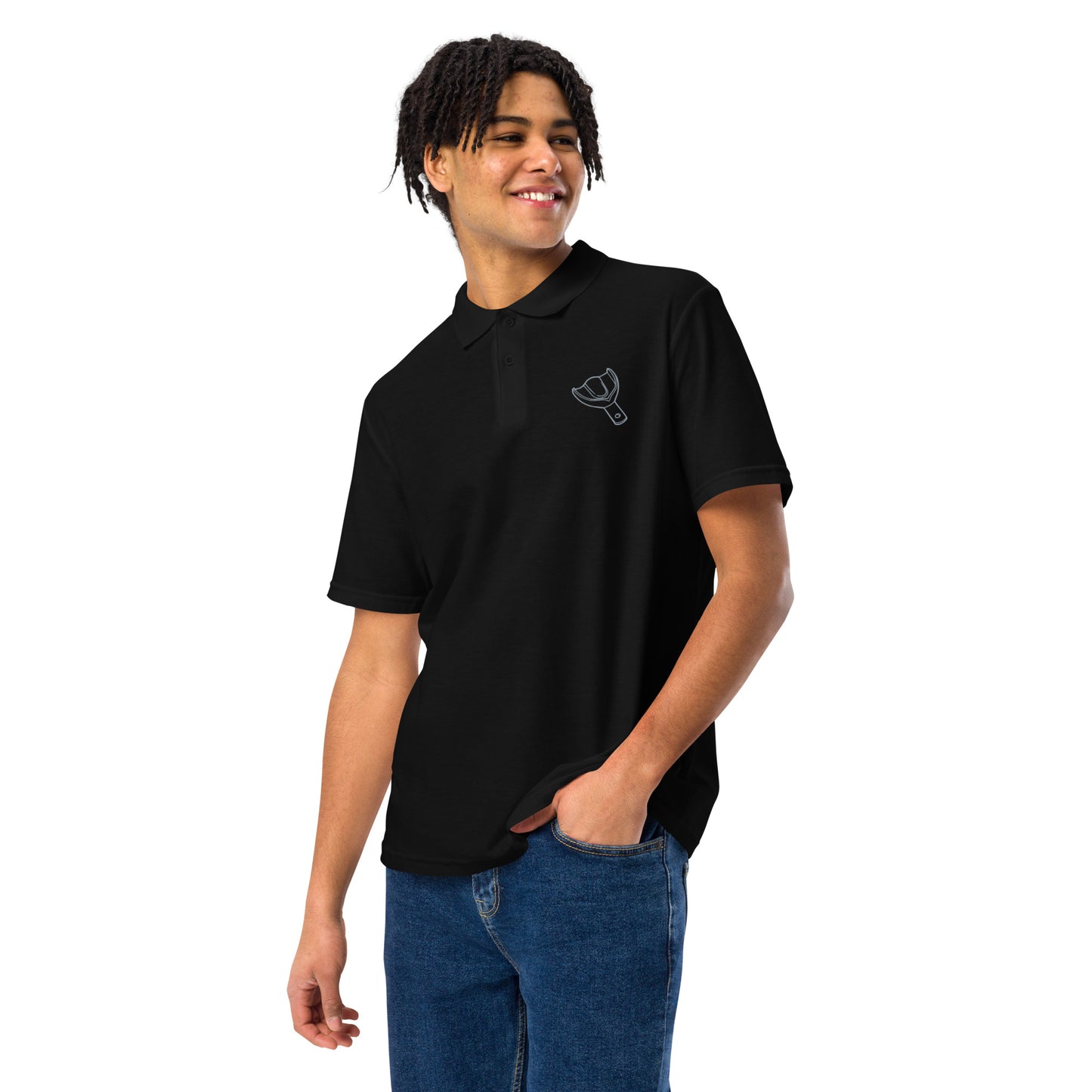 Unisex Piqué-Poloshirt mit kleinem gesticktem Oberkiefer-Abdrucklöffel-Motiv auf der Brust – minimalistisches Dental-Poloshirt in Schwarz, Navy oder Weiß