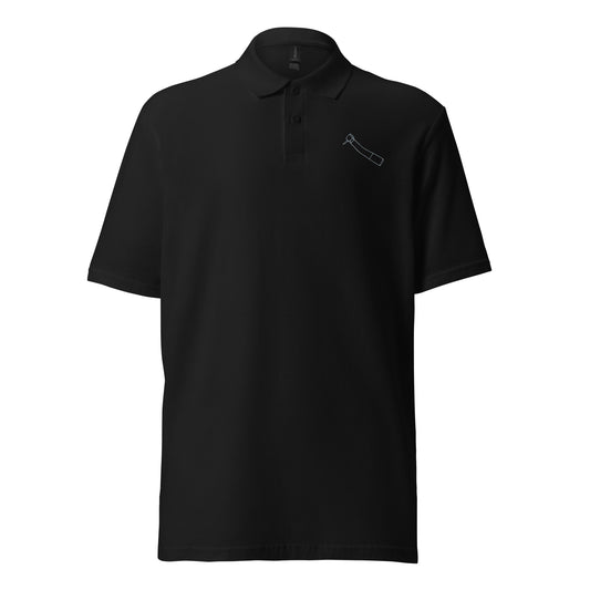 Minimalistisches Unisex-Piqué-Poloshirt mit kleinem gesticktem Winkelstück-Motiv in schwarz, navy oder weiß – cleaner Dental-Workwear-Look für Praxis, Klinik und Alltag