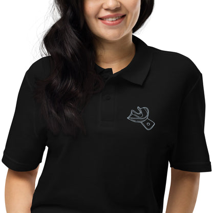 Minimalistisches Unisex-Piqué-Poloshirt mit gesticktem Unterkiefer-Abdrucklöffel-Motiv – professioneller Dental-Look in schwarz, navy und weiß