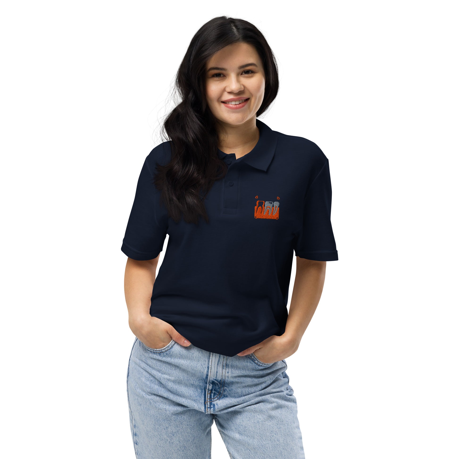 Unisex Piqué-Poloshirt mit kleinem gesticktem Retro-Röntgenmotiv im Pop-up-Stil auf der Brust – minimalistisches Dental-Workwear-Polo für Zahnmedizin- und Streetwear-Fans in Schwarz, Sportgrau, Navy oder Weiß