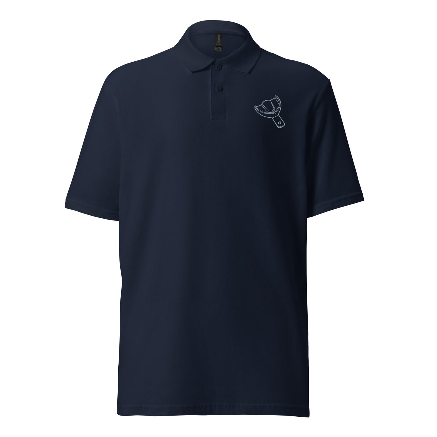 Unisex Piqué-Poloshirt mit kleinem gesticktem Oberkiefer-Abdrucklöffel-Motiv auf der Brust – minimalistisches Dental-Poloshirt in Schwarz, Navy oder Weiß