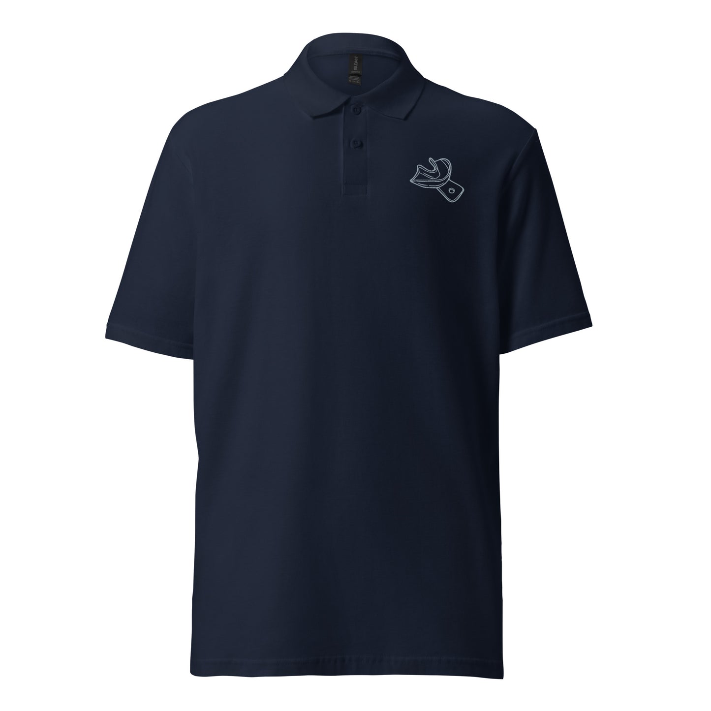 Minimalistisches Unisex-Piqué-Poloshirt mit gesticktem Unterkiefer-Abdrucklöffel-Motiv – professioneller Dental-Look in schwarz, navy und weiß