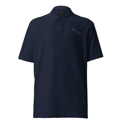 Minimalistisches Unisex-Piqué-Poloshirt mit kleinem gesticktem Winkelstück-Motiv in schwarz, navy oder weiß – cleaner Dental-Workwear-Look für Praxis, Klinik und Alltag