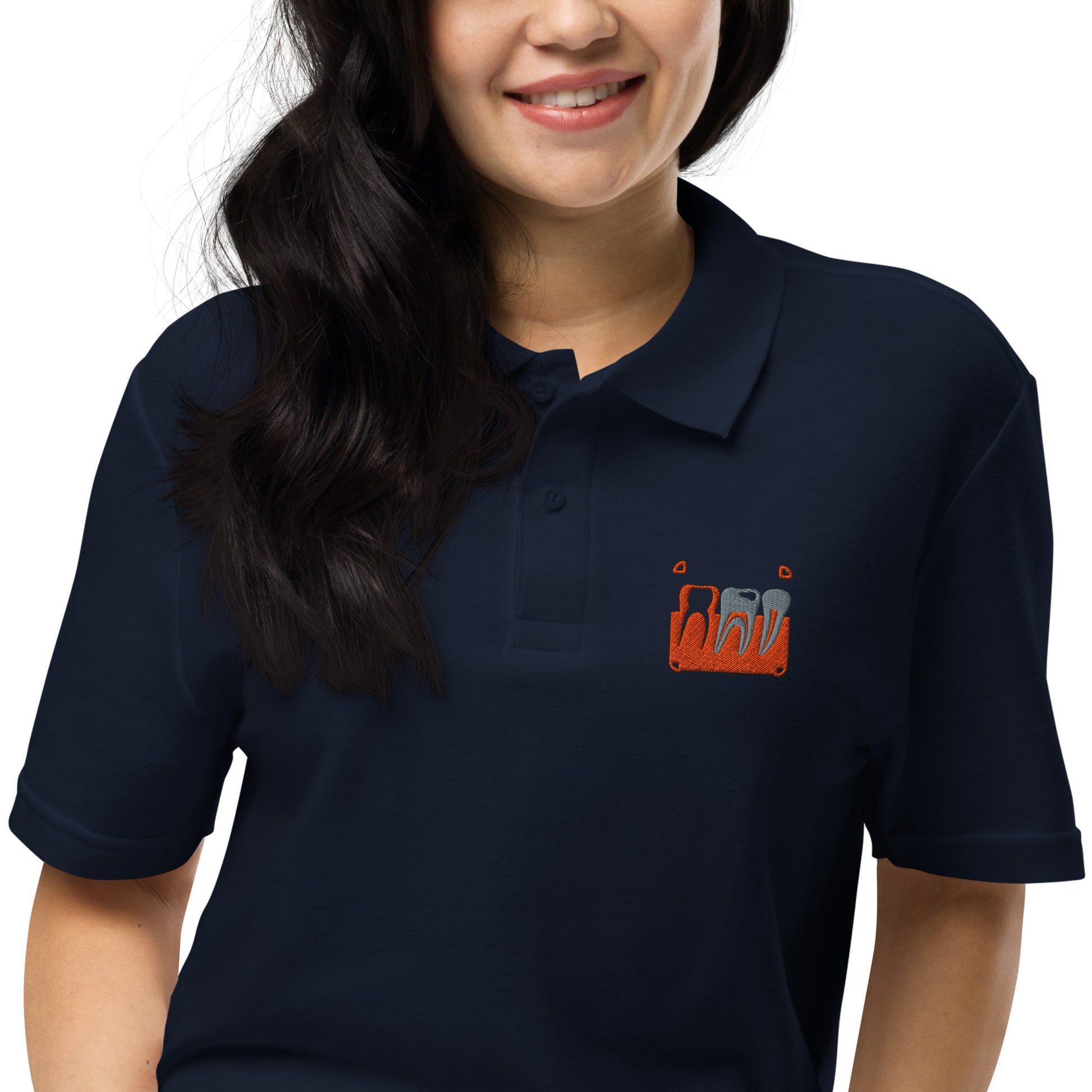 Unisex Piqué-Poloshirt mit kleinem gesticktem Retro-Röntgenmotiv im Pop-up-Stil auf der Brust – minimalistisches Dental-Workwear-Polo für Zahnmedizin- und Streetwear-Fans in Schwarz, Sportgrau, Navy oder Weiß