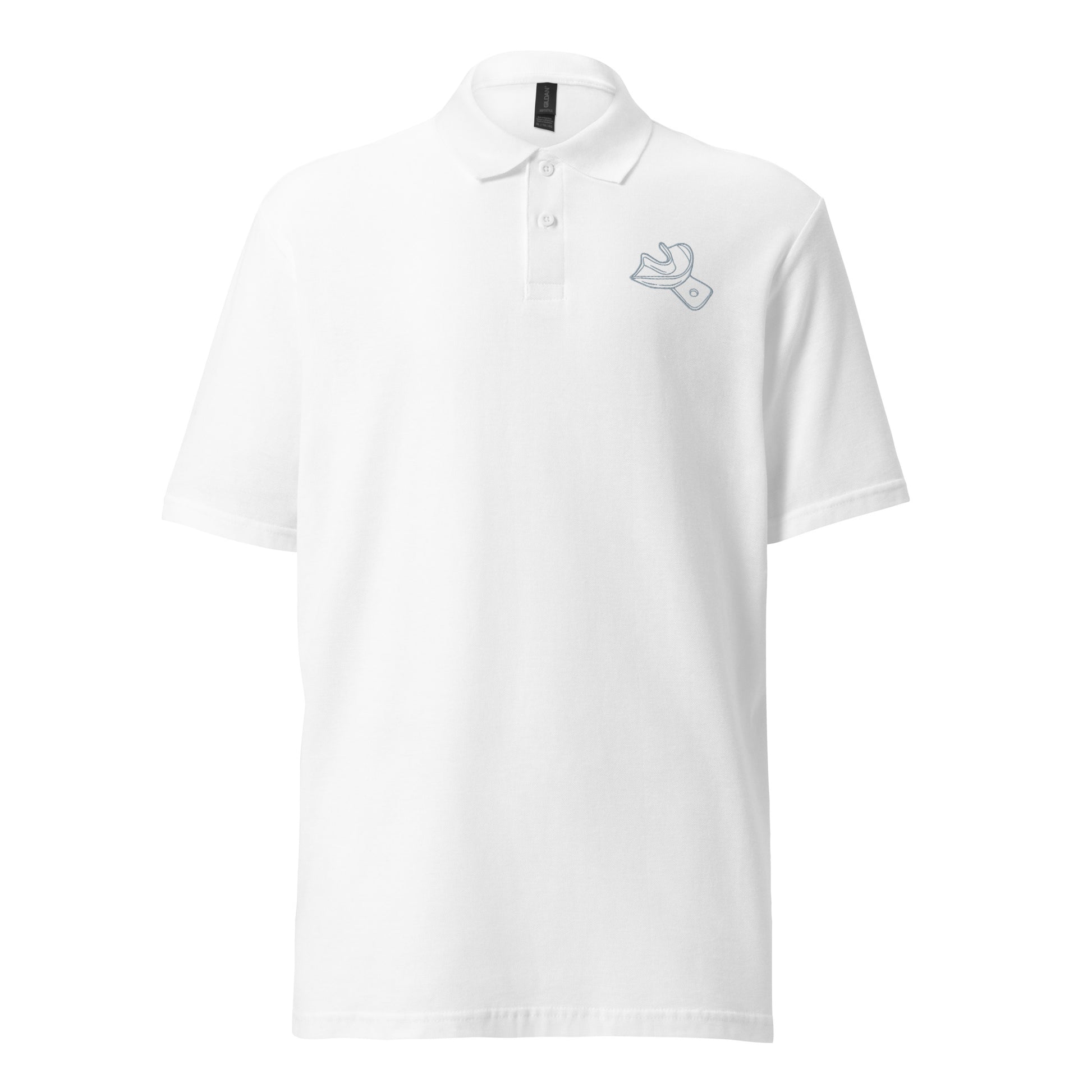 Minimalistisches Unisex-Piqué-Poloshirt mit gesticktem Unterkiefer-Abdrucklöffel-Motiv – professioneller Dental-Look in schwarz, navy und weiß