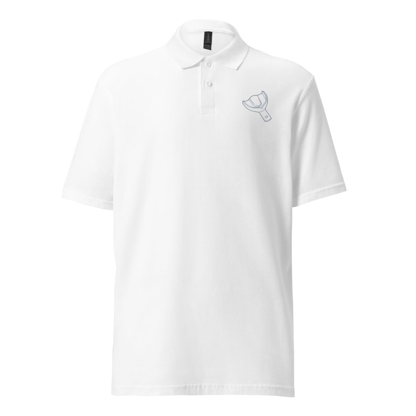 Unisex Piqué-Poloshirt mit kleinem gesticktem Oberkiefer-Abdrucklöffel-Motiv auf der Brust – minimalistisches Dental-Poloshirt in Schwarz, Navy oder Weiß