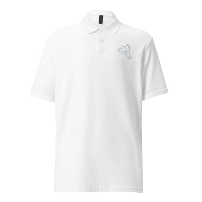 Unisex Piqué-Poloshirt mit kleinem gesticktem Oberkiefer-Abdrucklöffel-Motiv auf der Brust – minimalistisches Dental-Poloshirt in Schwarz, Navy oder Weiß