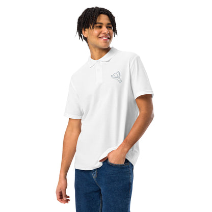 Unisex Piqué-Poloshirt mit kleinem gesticktem Oberkiefer-Abdrucklöffel-Motiv auf der Brust – minimalistisches Dental-Poloshirt in Schwarz, Navy oder Weiß