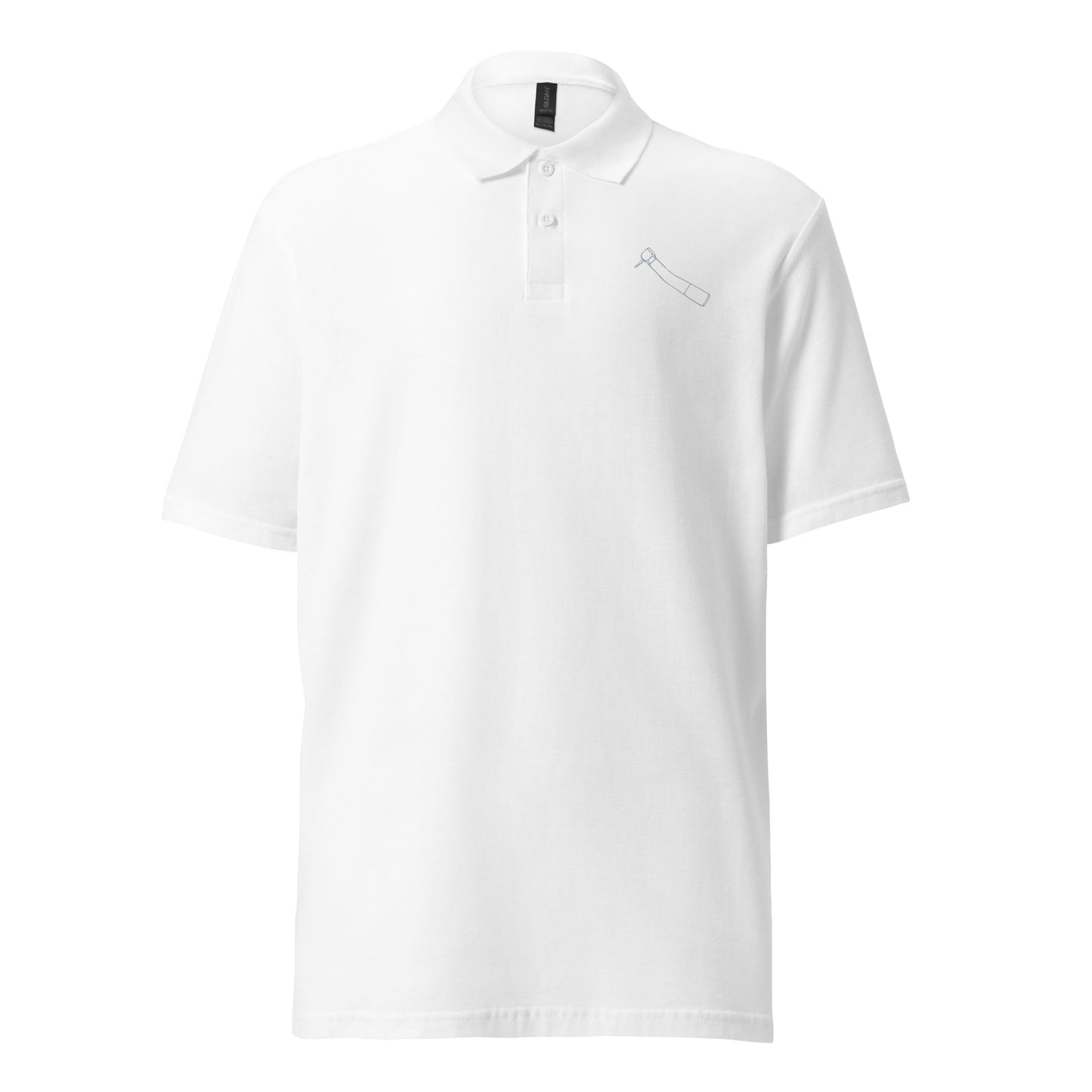 Minimalistisches Unisex-Piqué-Poloshirt mit kleinem gesticktem Winkelstück-Motiv in schwarz, navy oder weiß – cleaner Dental-Workwear-Look für Praxis, Klinik und Alltag