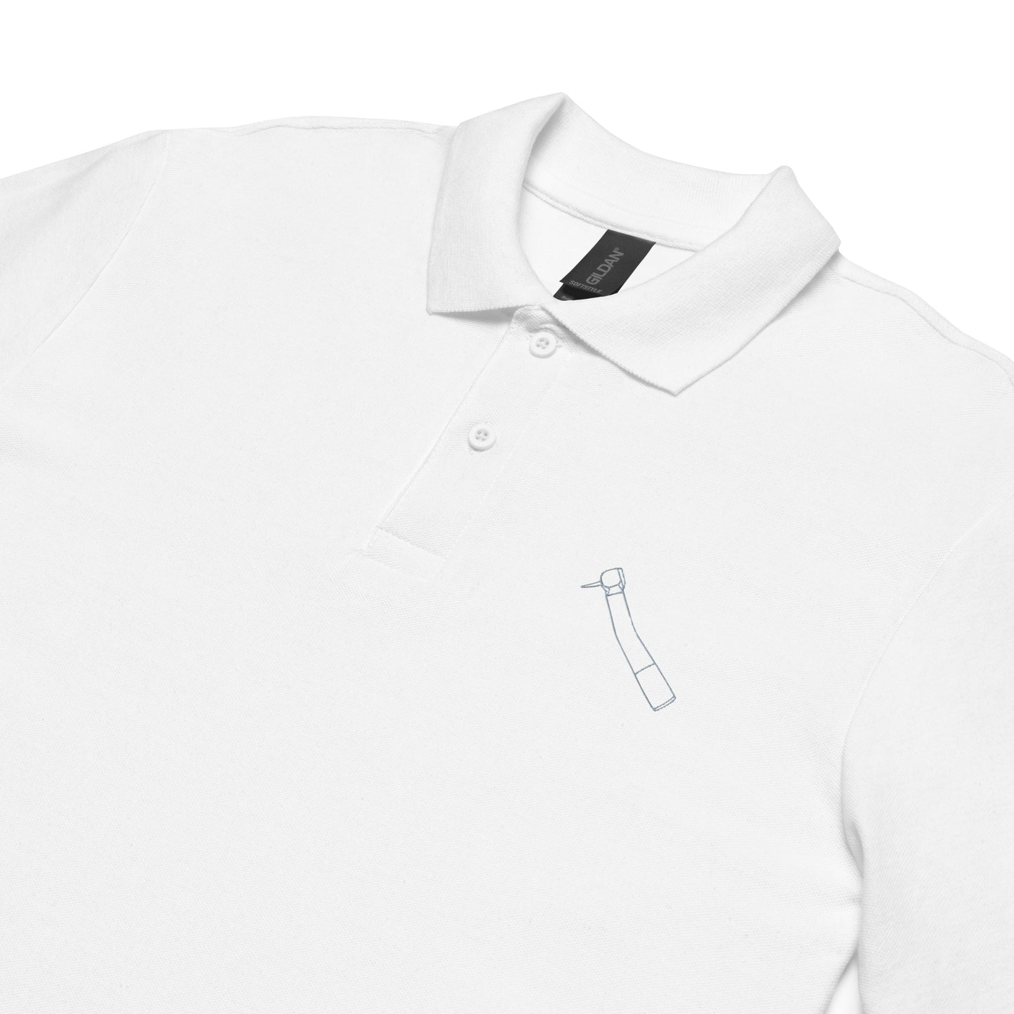 Minimalistisches Unisex-Piqué-Poloshirt mit kleinem gesticktem Winkelstück-Motiv in schwarz, navy oder weiß – cleaner Dental-Workwear-Look für Praxis, Klinik und Alltag
