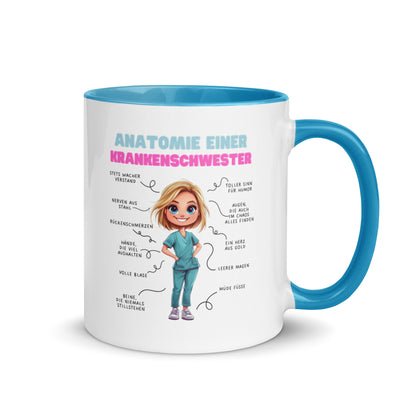 Weiße Keramiktasse mit farbigem Henkel und Innenseite sowie Motiv „Anatomie einer Krankenschwester“ – humorvolle Tasse für Pflegekräfte und Nurse-Life-Fans