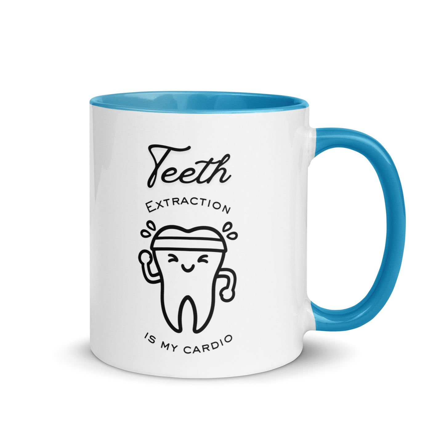 Weiße Keramiktasse mit farbigem Henkel und Innenseite sowie sportlichem Zahn-Motiv und Schriftzug „Teeth extraction is my cardio“ – humorvolle Dental-Tasse für Zahnmedizin und Oralchirurgie