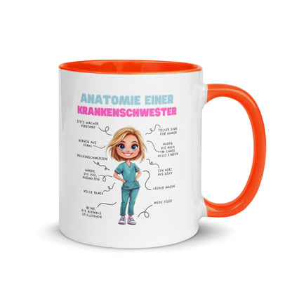 Weiße Keramiktasse mit farbigem Henkel und Innenseite sowie Motiv „Anatomie einer Krankenschwester“ – humorvolle Tasse für Pflegekräfte und Nurse-Life-Fans