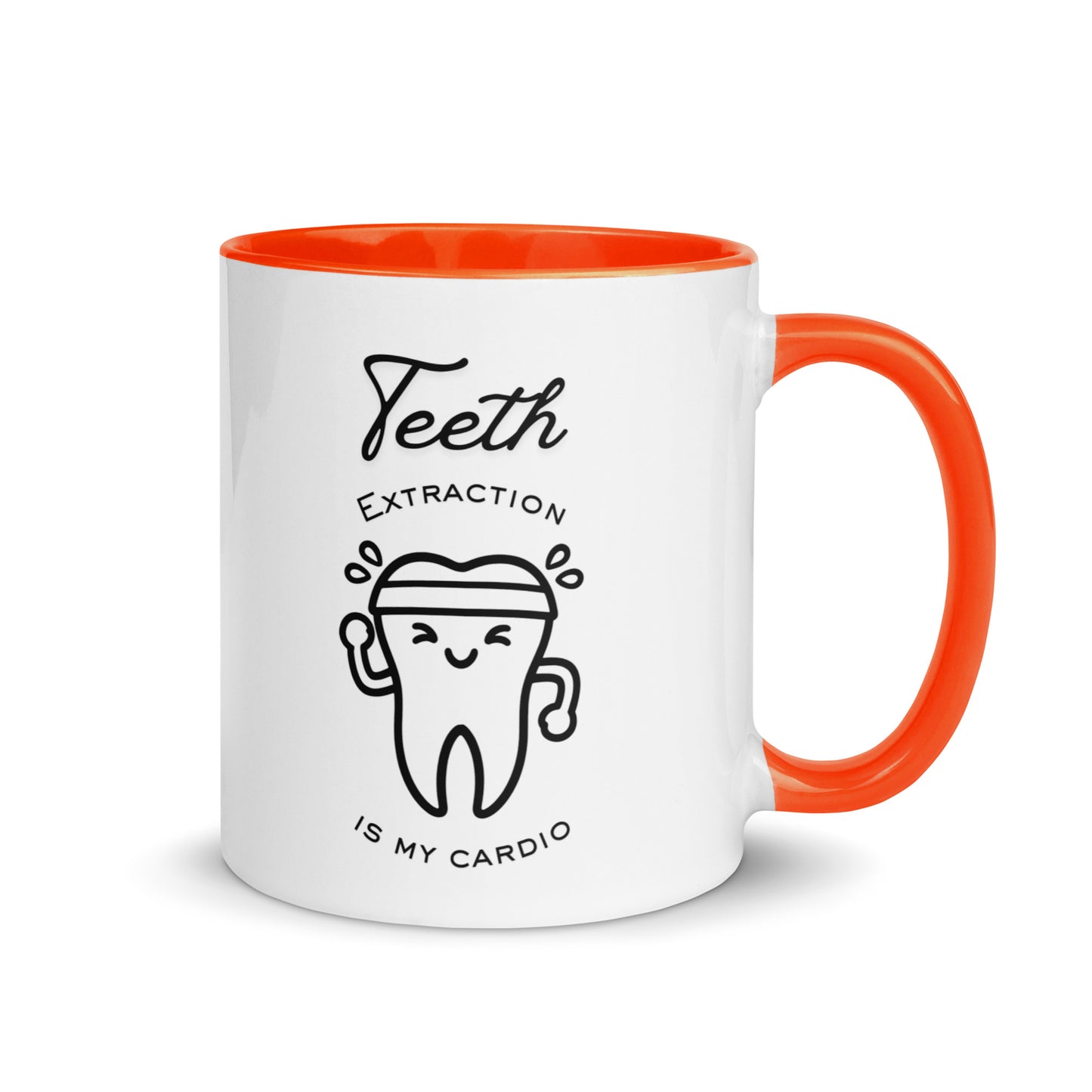 Weiße Keramiktasse mit farbigem Henkel und Innenseite sowie sportlichem Zahn-Motiv und Schriftzug „Teeth extraction is my cardio“ – humorvolle Dental-Tasse für Zahnmedizin und Oralchirurgie