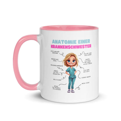 Weiße Keramiktasse mit farbigem Henkel und Innenseite sowie Motiv „Anatomie einer Krankenschwester“ – humorvolle Tasse für Pflegekräfte und Nurse-Life-Fans