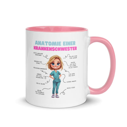 Weiße Keramiktasse mit farbigem Henkel und Innenseite sowie Motiv „Anatomie einer Krankenschwester“ – humorvolle Tasse für Pflegekräfte und Nurse-Life-Fans
