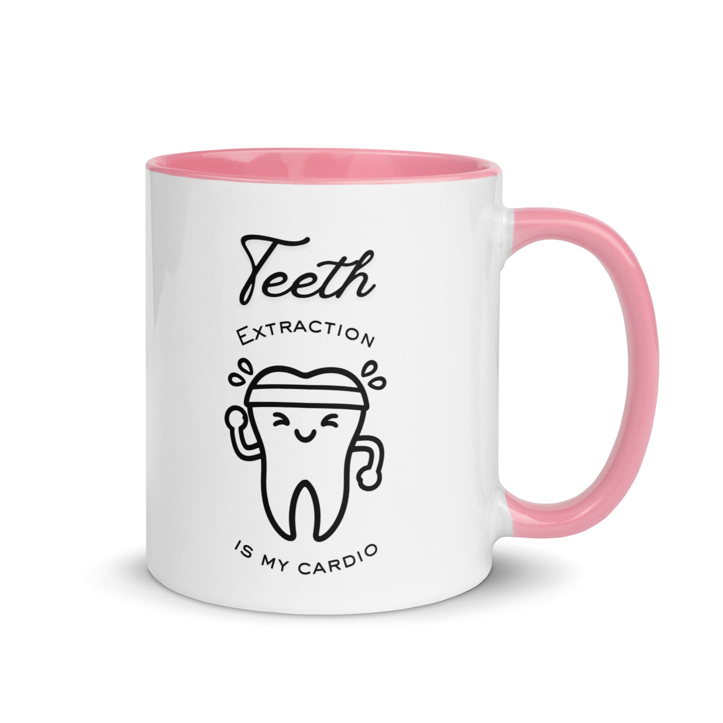 Weiße Keramiktasse mit farbigem Henkel und Innenseite sowie sportlichem Zahn-Motiv und Schriftzug „Teeth extraction is my cardio“ – humorvolle Dental-Tasse für Zahnmedizin und Oralchirurgie