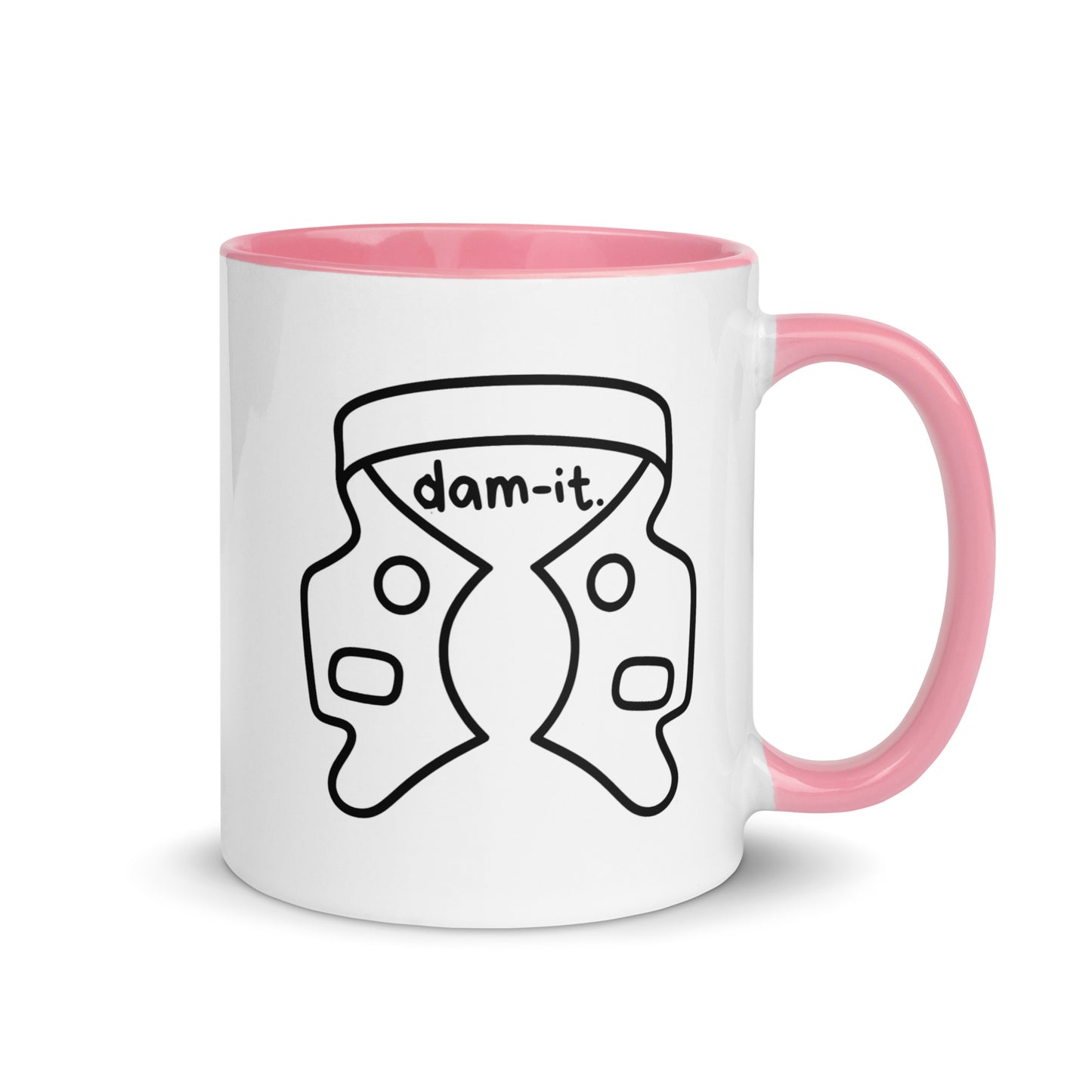 Weiße Keramiktasse mit farbigem Henkel und Innenseite sowie humorvollem Kofferdam-Motiv und Schriftzug „dam-it.“ – witzige Dental-Tasse für Zahnmedizin und Endodontie