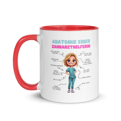 Weiße Keramiktasse mit farbigem Henkel und Innenseite sowie Motiv „Anatomie einer Zahnarzthelferin“ – humorvolle Tasse für ZFAs und Dentalfans