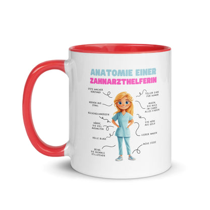 Weiße Keramiktasse mit farbigem Henkel und Innenseite sowie Motiv „Anatomie einer Zahnarzthelferin“ – humorvolle Tasse für ZFAs und Dentalfans