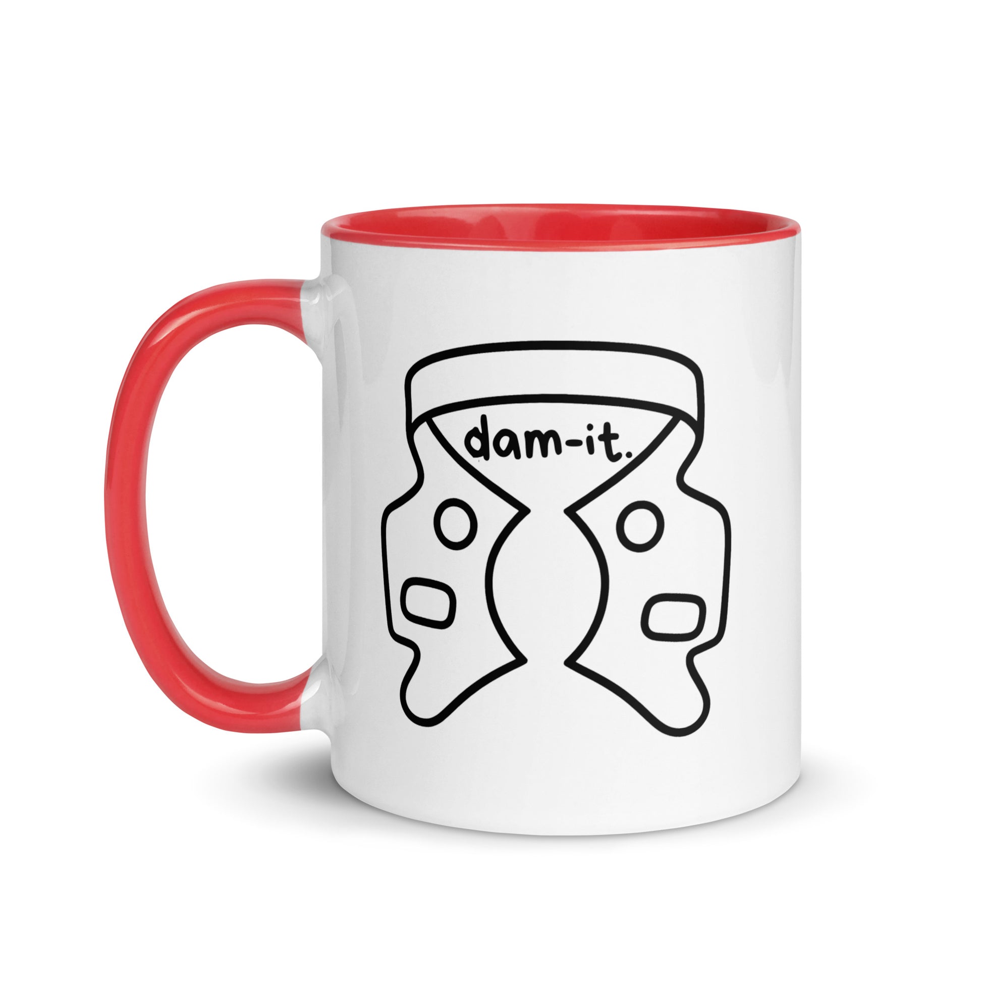 Weiße Keramiktasse mit farbigem Henkel und Innenseite sowie humorvollem Kofferdam-Motiv und Schriftzug „dam-it.“ – witzige Dental-Tasse für Zahnmedizin und Endodontie