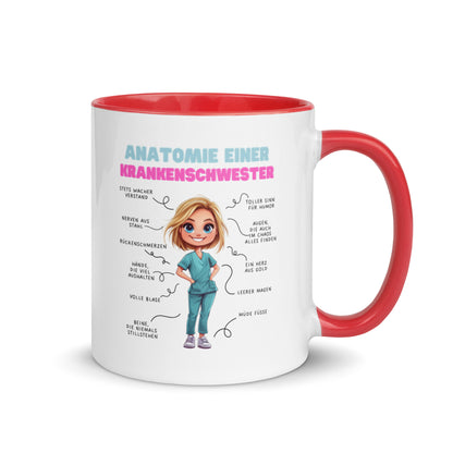 Weiße Keramiktasse mit farbigem Henkel und Innenseite sowie Motiv „Anatomie einer Krankenschwester“ – humorvolle Tasse für Pflegekräfte und Nurse-Life-Fans