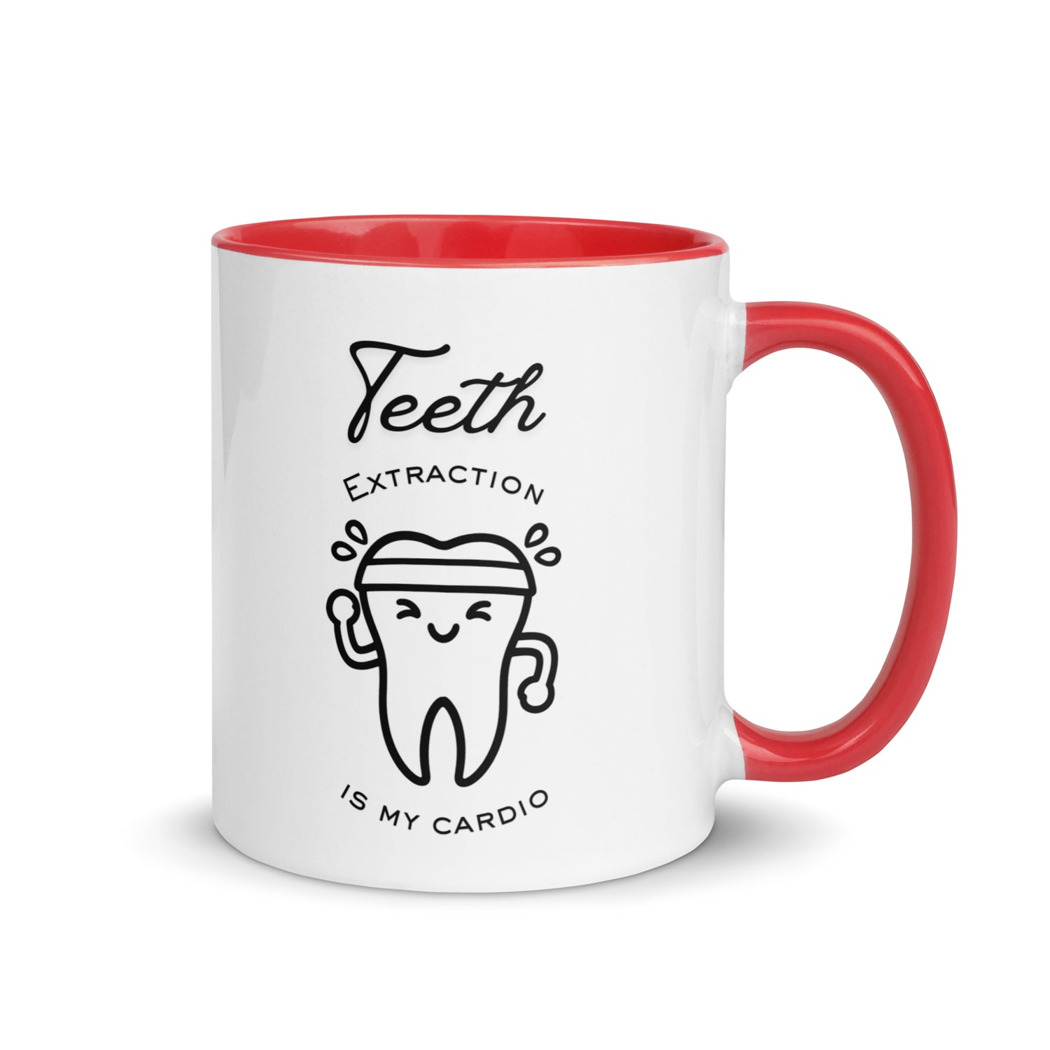 Weiße Keramiktasse mit farbigem Henkel und Innenseite sowie sportlichem Zahn-Motiv und Schriftzug „Teeth extraction is my cardio“ – humorvolle Dental-Tasse für Zahnmedizin und Oralchirurgie
