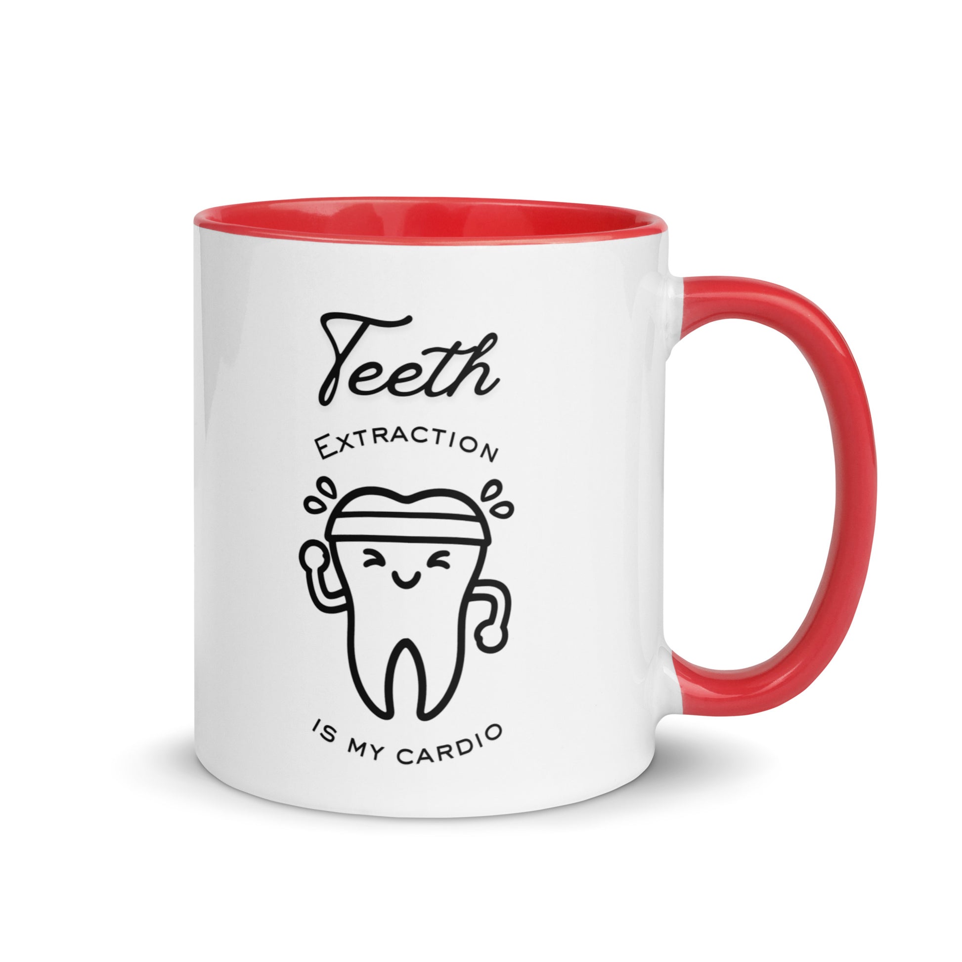 Weiße Keramiktasse mit farbigem Henkel und Innenseite sowie sportlichem Zahn-Motiv und Schriftzug „Teeth extraction is my cardio“ – humorvolle Dental-Tasse für Zahnmedizin und Oralchirurgie