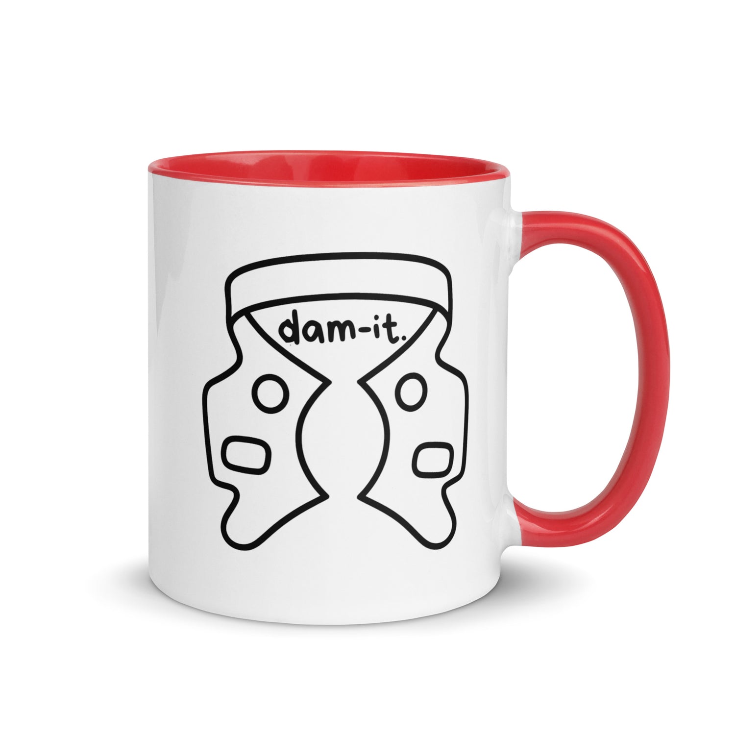 Weiße Keramiktasse mit farbigem Henkel und Innenseite sowie humorvollem Kofferdam-Motiv und Schriftzug „dam-it.“ – witzige Dental-Tasse für Zahnmedizin und Endodontie