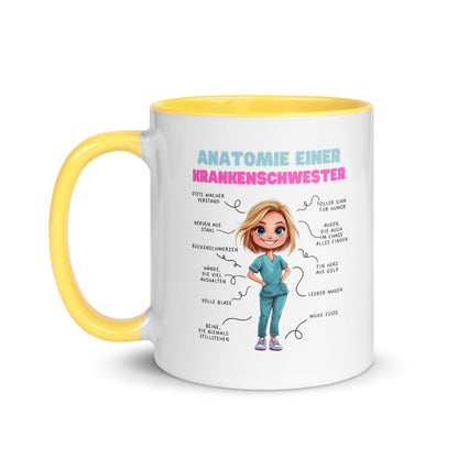 Weiße Keramiktasse mit farbigem Henkel und Innenseite sowie Motiv „Anatomie einer Krankenschwester“ – humorvolle Tasse für Pflegekräfte und Nurse-Life-Fans