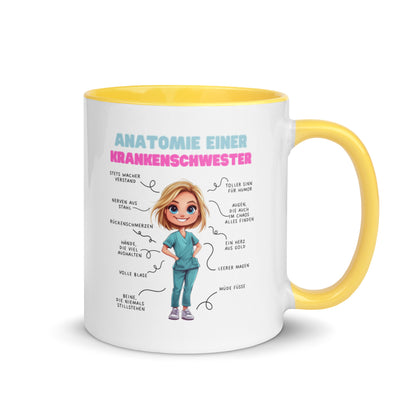 Weiße Keramiktasse mit farbigem Henkel und Innenseite sowie Motiv „Anatomie einer Krankenschwester“ – humorvolle Tasse für Pflegekräfte und Nurse-Life-Fans