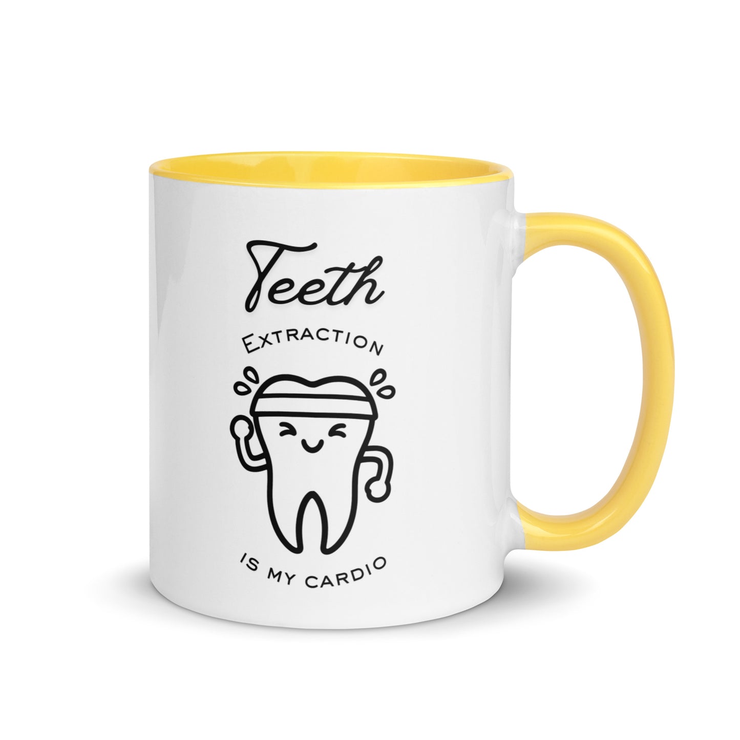 Weiße Keramiktasse mit farbigem Henkel und Innenseite sowie sportlichem Zahn-Motiv und Schriftzug „Teeth extraction is my cardio“ – humorvolle Dental-Tasse für Zahnmedizin und Oralchirurgie