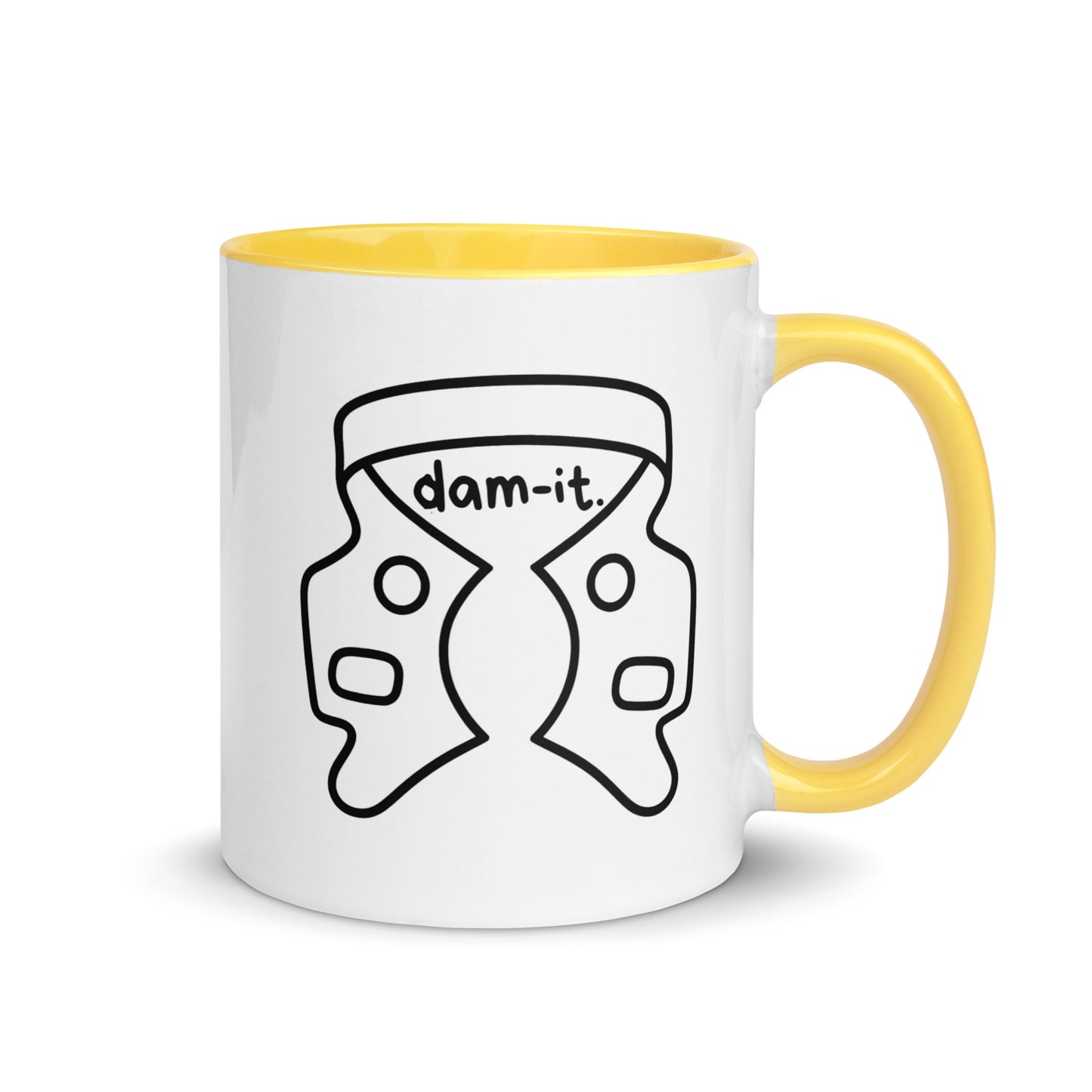 Weiße Keramiktasse mit farbigem Henkel und Innenseite sowie humorvollem Kofferdam-Motiv und Schriftzug „dam-it.“ – witzige Dental-Tasse für Zahnmedizin und Endodontie