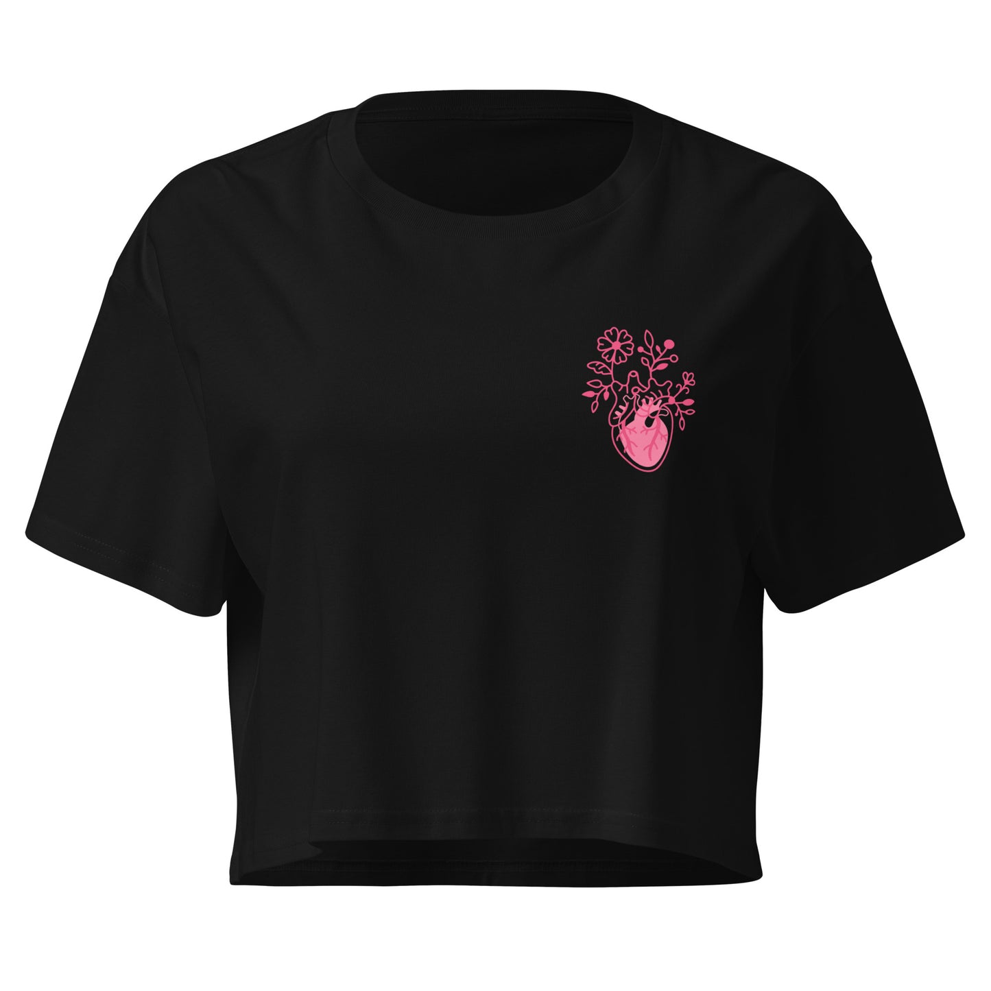 Locker geschnittenes Crop-Top „Bone Amour“ mit floralem anatomischem Herzmotiv auf der Vorderseite und Bone-Amour-Logo auf der Rückseite – medizinisch inspirierter Fashion-Look in Schwarz, Bubblegum Pink und Orchidee